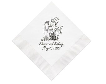 Vintage Cute Couple Design Wedding Napkins Personalized Set of 100 Bride and Groom