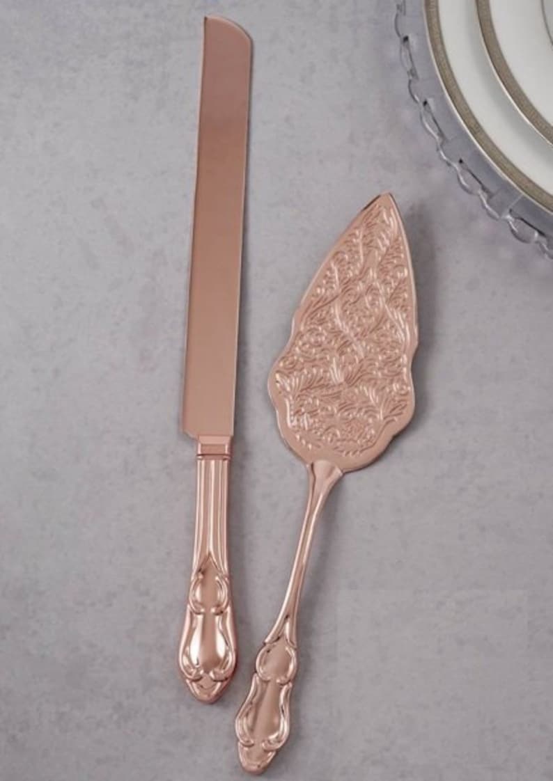 Rose Gold Engraved Wedding Cake Knife Set Wedding Accessories Etsy