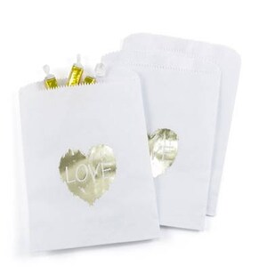 Gold Heart White Paper Rustic Wedding Favor Bags Cake Bags (Pack of 25)