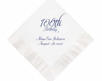 Scripty 100th Birthday Party Napkins Personalized Set of 100 Supplies Years Custom Printed Paper One Hundred