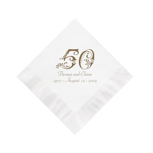 May include: White paper napkin with a brown design of the number 50 with floral accents. The text "Thomas and Elaine 1975 - August 12 - 2025" is printed below the number.