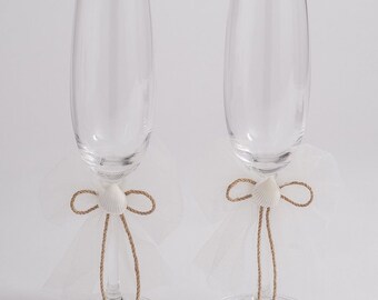 Seashore Beach Ivory Wedding Flutes Champagne Toasting Glasses with Seashells