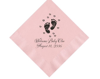 Personalized Baby Feet Footprint and Hearts Napkins Set of 100 Shower Christening Baptism