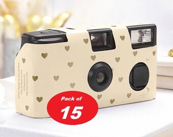 Single Use Ivory with Gold Hearts Wedding Disposable Single Use Cameras (Pack of 15) Camera