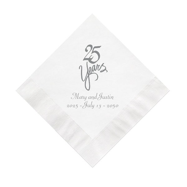 Personalized 25th Wedding Anniversary Napkins – Silver Foil Cocktail Party Supplies