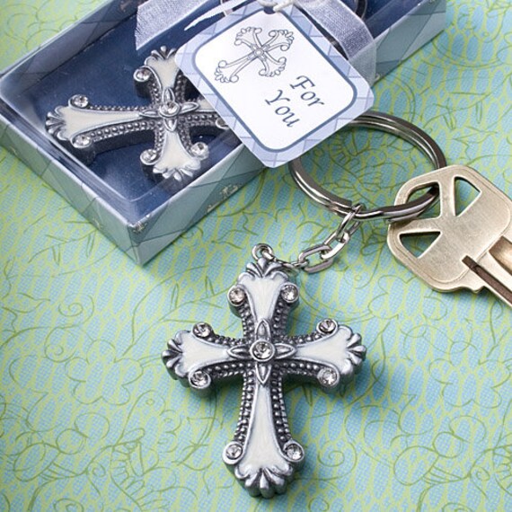 Religious White Enamel Cross Design Key Chain Favors Baptism
