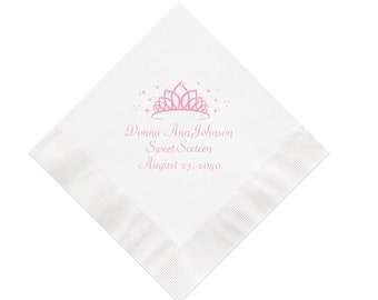 Tiara Birthday Napkins Personalized Set of 100 Custom Printed Decorations Sixteenth Sixteen Party Supplies Crown Princess