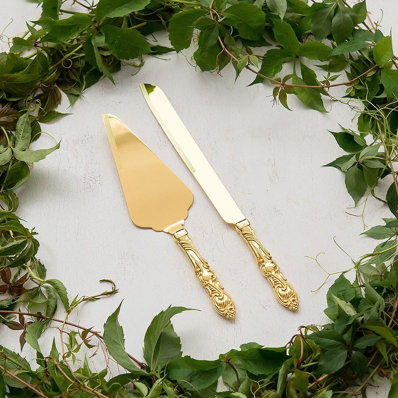 Classico Engraved Wedding Cake Knife Set Gold Wedding Accessories Personalized zdjęcie 3