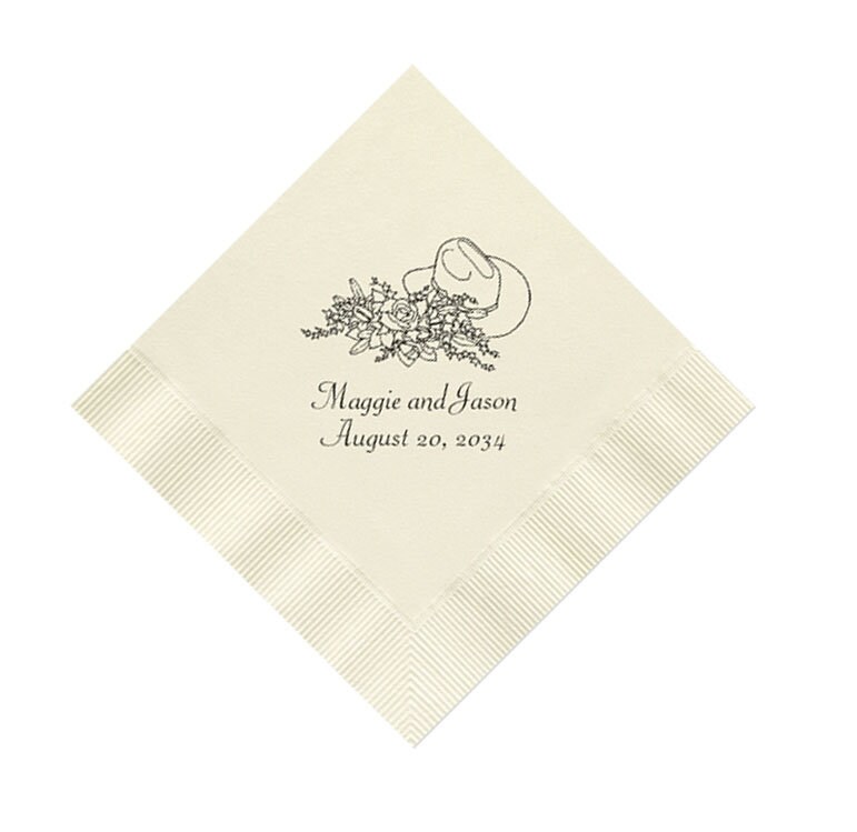 Roses and Cowboy Hat Western Wedding Napkins Personalized Set of 100 Paper Reception Cocktail Party Ranch