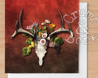 Antler Deer Skull with Crown of Flowers, Unique Blank Greeting Card for Christmas