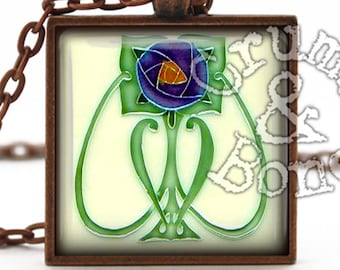 Art Nouveau Purple Flower Pendant: Antique Copper Tile Jewelry