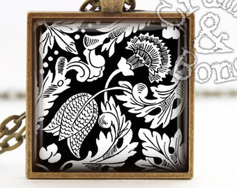 William Morris Art Nouveau Pendant Necklace, Black & White Floral