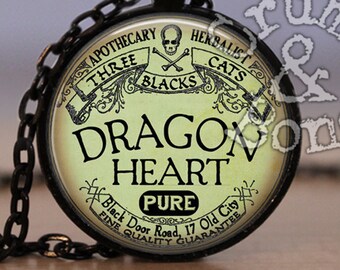 Dragon Heart Apothecary Label Necklace or Keychain, Halloween Jewelry for the Spooky Season!
