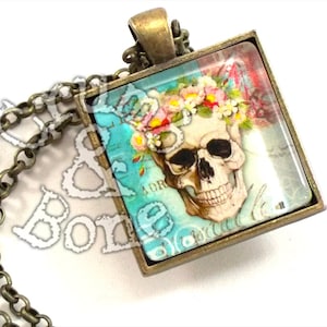 Calavera Sugar Skull Pendant Necklace - Turquoise Day of the Dead - Dia de Muertos - Halloween Jewelry