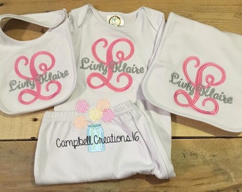 Monogram gown bib and burp cloth / monogram infant set / personalized baby items / baby set with name / baby shower gift /coming home outfit