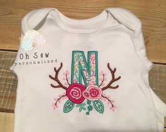 Antler flower monogram shirt - antler shirt for girls - Antler flower Shirt for girls - baby girl personalized shirt - toddler personalized