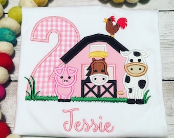 Girls Farm Birthday Shirt - Farm Animals - Pink Barn - Cow - Pig - Horse - Personalized - Farm Birthday Shirt - Girl - Toddler - Embroidery