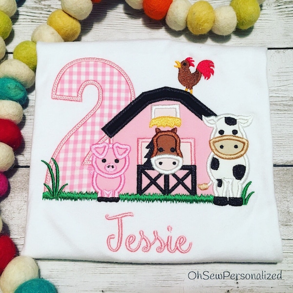 Girls Farm Birthday Shirt - Farm Animals - Pink Barn - Cow - Pig - Horse - Personalized - Farm Birthday Shirt - Girl - Toddler - Embroidery