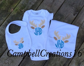 Deer antler monogram for boy or girl / Monogram Shirt / Deer Antler Shirt / Antler monogram / Deer antler monogram / baby shower gift set