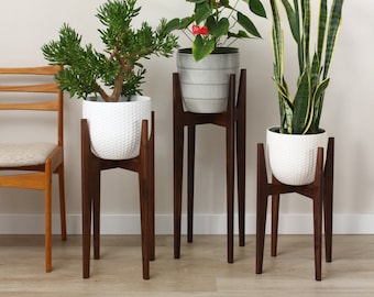Indoor plant stand set modern home decor, MCM, handmade in Canada solid hardwood - pot not included.