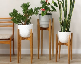 Indoor plant stand set modern home decor, MCM, handmade in Canada solid hardwood - pot not included.