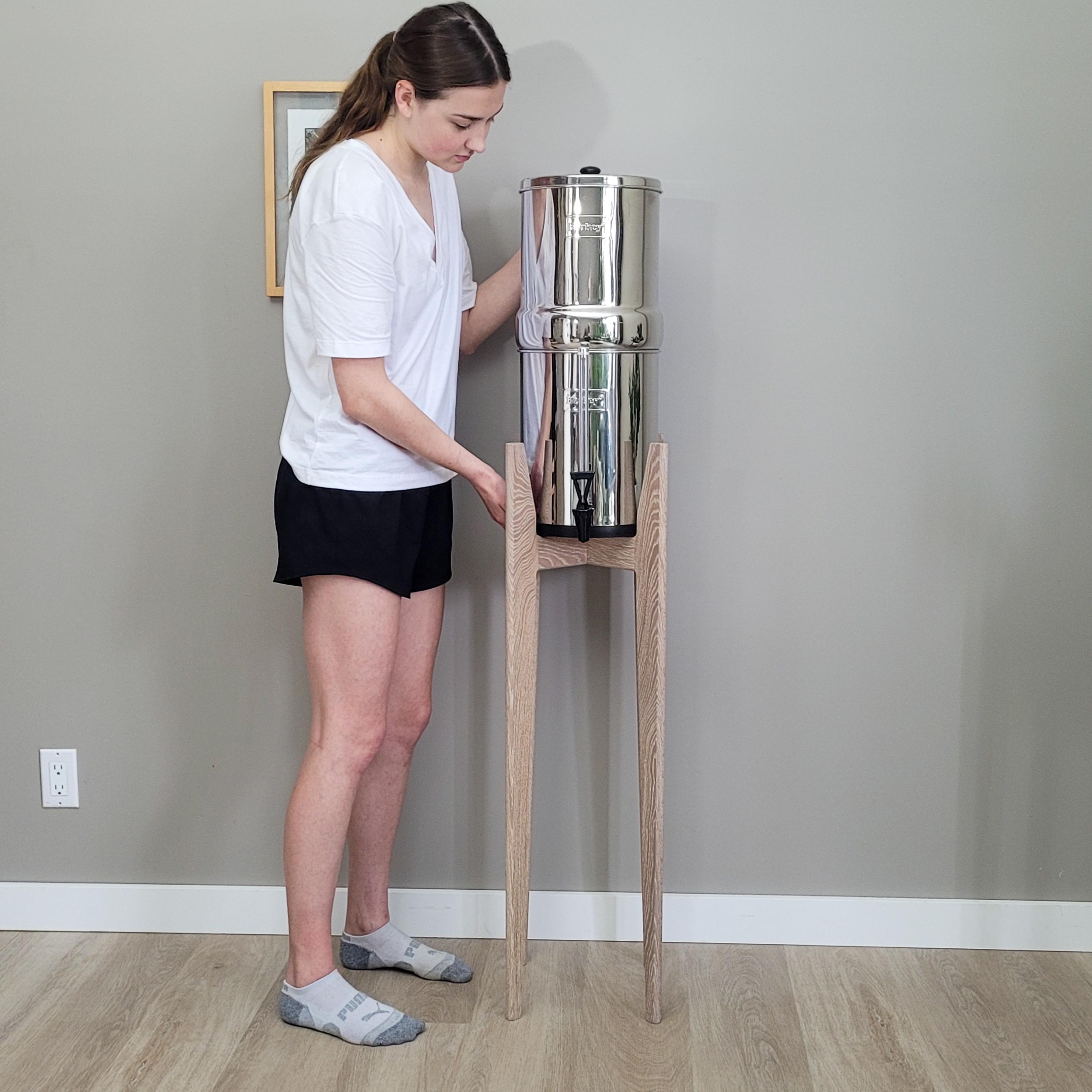 Tall water filter stand for Berkey, British Berkefeld, Boroux in solid hardwood. Our unique original handmade design in a Mid century style.