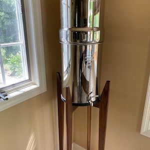 Berkey water filter stand solid hardwood tall hand made in Canada, original MCM design. Fits  many gravity water filter systems