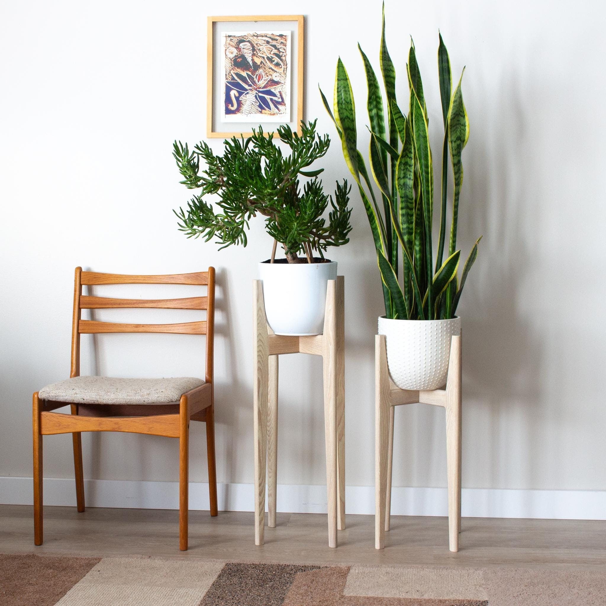 Whitewash Ash Hardwood Plant Stand Mid Century Modern Design and