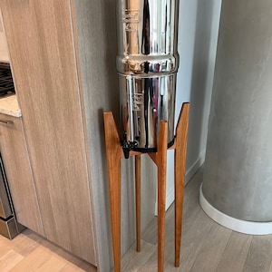 Berkey water filter stand solid hardwood tall hand made in Canada, original MCM design. Fits  many gravity water filter systems