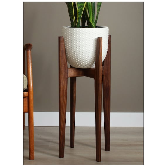 Tall indoor plant stand handmade from solid hardwood, pot not included, our original mid century style design made in Canada