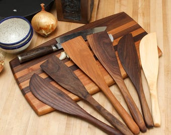 Handmade wooden kitchen spatulas in maple, cherry and walnut. domestic hardwood , food safe oil and beeswax finsh