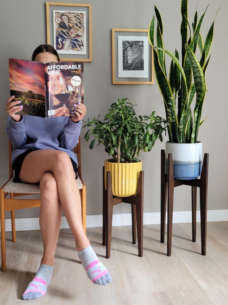 Pode incluir: Uma pessoa sentada numa cadeira de madeira l&ecirc; uma revista intitulada "Affordable Wine". Dois suportes de plantas de madeira seguram um vaso amarelo e um azul e branco com vegeta&ccedil;&atilde;o. Obras de arte emolduradas penduradas na parede cinza.