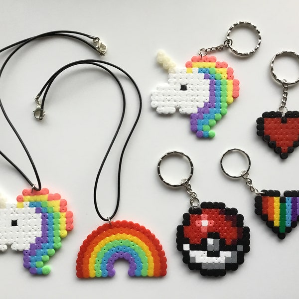 Hama Bead Pixel Keyrings and 17.5" Necklaces- Unicorn, Rainbow, Pokeball and Heart