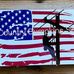 Bandera de EE. UU. con letrero de liniero, decoración de corona, letrero, accesorio de corona, suministros para coronas, suministros para manualidades, letrero de metal, centro de corona