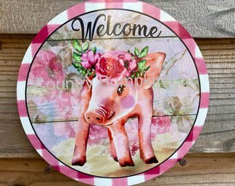rusty galvanized sign Wreath sign country farmhouse wall hanging farmhouse pig sign
