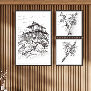 Schwarz-Weiß-Skizze eines japanischen Hauses mit Bambusstängeln - Minimalistisches Wohndekor Set aus 3 Minimalistischen Wandkunst-Drucken