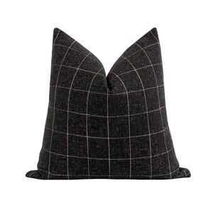 Cozy Charcoal Gray Woven Plaid Pillow Cover, 18 20 22 24 Dark Gray Tan Windowpane Design, Double Sided Throw Pillow Case with Hidden Zipper