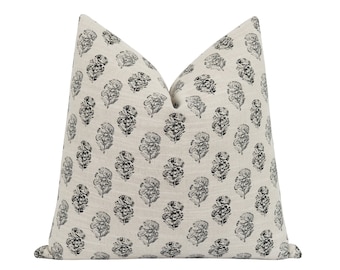 Charcoal Block Print Pillow Cover • Linen Blend Floral Pillow • Neutral Accent for Modern Organic Decor