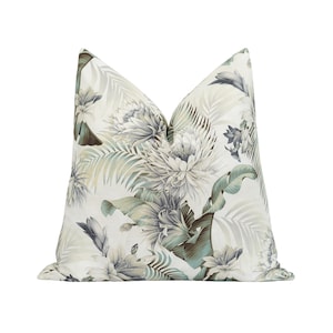 Large Scale Floral Pillow Cover, 22x22 Green Gray Cream Accent Pillow Case, Green and Cream Floral, Double Sided Pillow Case, Euro Sham