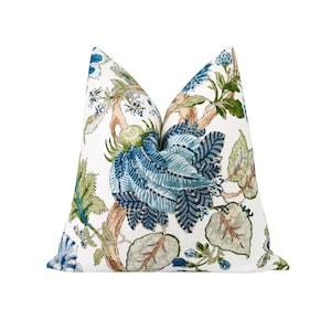 Blue Green Large Floral Pillow Cover - Vibrant Botanical Home Decor - Blue Jacobean Floral Designer Pillow Cover - Double Sided Pillow Cover