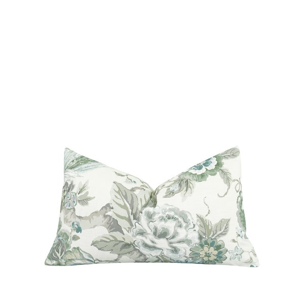 12x18 12x20 12x24 Floral and Bird Lumbar Pillow Cover, Eucalyptus Green Floral Lumbar Pillow, Designer Pillow Cover in Green Greige Ivory