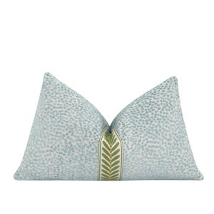 Mist Blue Chenille Lumbar Pillow Cover • Green Embroidered Leaf Trim • Textured Dotted Accent Pillow for Traditional & Grandmillennial Decor