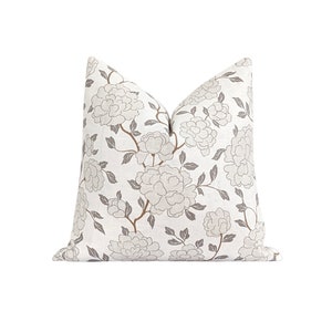 Double Sided Floral Pillow Cover, Neutral Decorative Pillow Cover, Gray Floral Blooms Pillow Cover, Designer Decorative Linen Pillow Case