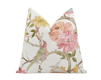Pink Green Bird and Flower Pillow • Golden Yellow, Rose, Peach • Whimsical Summer Decor Pillow Cover • Elegant Floral Accent for Sofa or Bed