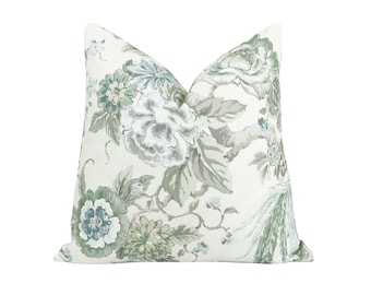 18 20 22 Floral and Bird Pillow Cover, DOUBLE SIDED Green Greige Ivory Pillow Case,  Floral Pillow, Eucalyptus Green Designer Pillow Cover