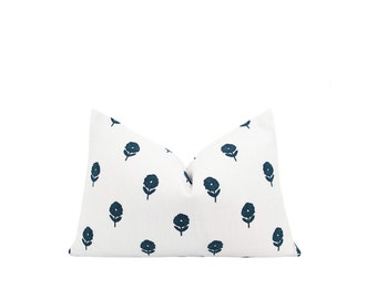 Lumbar Pillow Cover, Dark Blue Embroidered Pillow Cover, Embroidered Floral Pillow Cover, Small Scale Floral Pillow Case, Dark Blue Floral