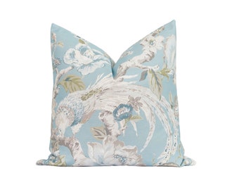 20x20 Floral and Bird Pillow Cover, Blue Greige Ivory Pillow Case, Blue Floral Pillow, Blue Accent Pillow, Double Sided Designer Pillow Case