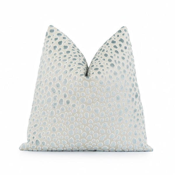 Cut Velvet Pillow Cover in Mist Blue with White Accents • Textured Velvet on Neutral Ground • Statement Pillow for Refined Interiors