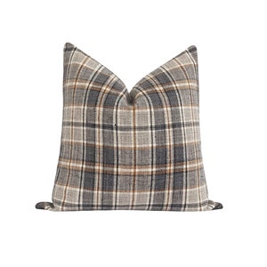 Woven Plaid Pillow Cover, Grey Charcoal Cognac Pillow Cover, Double Sided Throw Pillow Cover, Fall Pillow Cover, 18 20 22 Gray Plaid
