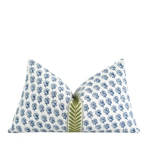 12x20 Pillow Cover in Blue and White • Floral Pillow with Green Embroidered Trim • Classic Small Scale Motif for Grandmillennial Style Decor
